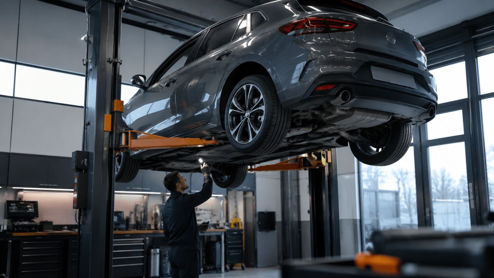 Véhicule sur un pont de contrôle technique dans un atelier lumineux